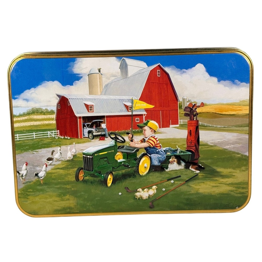 John Deere Golf Tin 3 Balls Divot Tool Tees Donald Zolan Farm Art Vintage